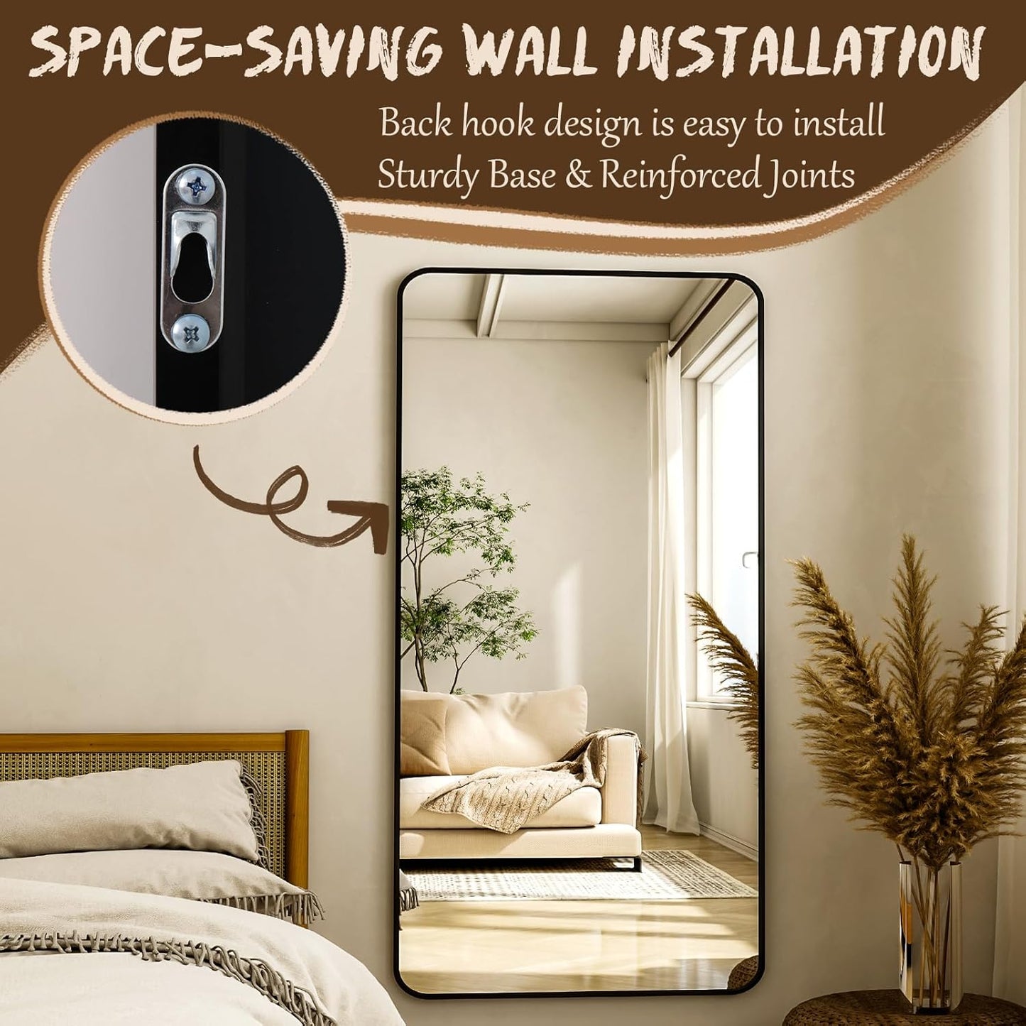 XRAMFY 56"x21" Floor Full Length Mirror Standing Full Body Rounded Corner Rectangle Mirrors with Stand Hanging Wall Mounted Leaning Bedroom Living Room Bedroom Cloakroom,Gold