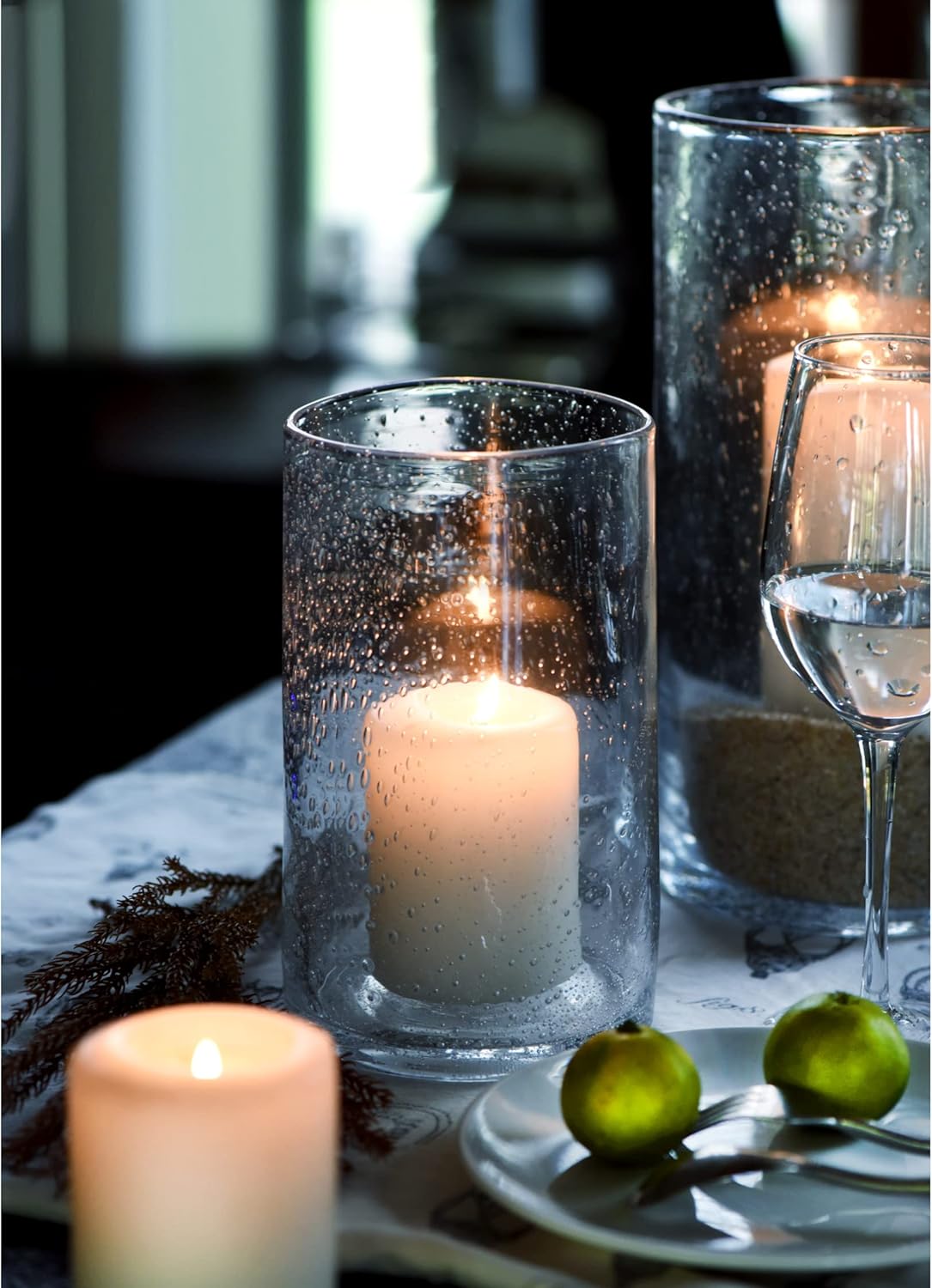 Hurricane Candle Holders for Pillar Hand Blown Glass Cylinder Vases Table Centerpiece Bulk Room Decor Clear Seeded Bubbles Living Dining Kitchen Island 10" 7" 4" Set of 3