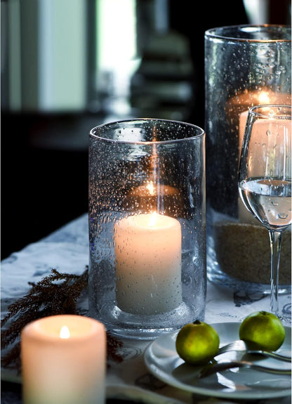 Hurricane Candle Holders for Pillar Hand Blown Glass Cylinder Vases Table Centerpiece Bulk Room Decor Clear Seeded Bubbles Living Dining Kitchen Island 10" 7" 4" Set of 3