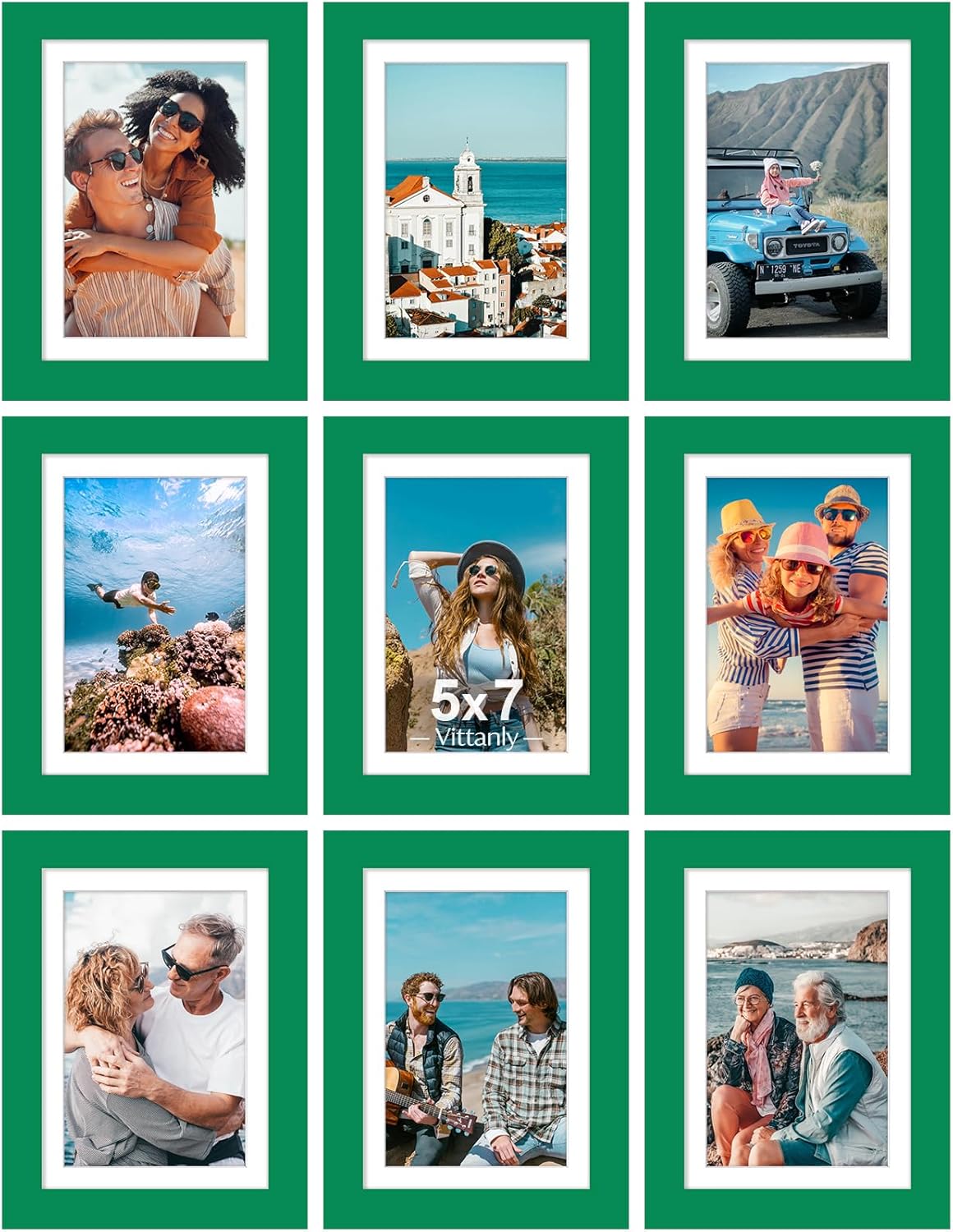 Vittanly 8x10 Picture Frames Set of 9, Shatter Resistant Plexiglass, Display 5x7 Pictures with Mat or 8x10 without Mat, Photo Frames for Wall or Tabletop, Engineered Wood, Black - Colors B