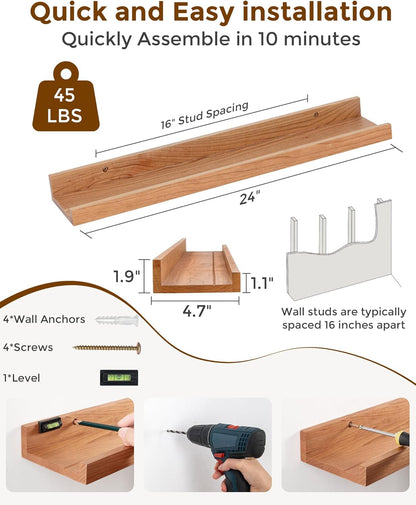 Axeman Oak Picture Ledge Shelf, 48 Inch Floating Shelves Set of 2, Solid Oak Wood Wall Shelves with Lip, Wall Decor Storage for Bedroom Living Room Bathroom Kitchen Nursery Photo Picture, Natural Oak