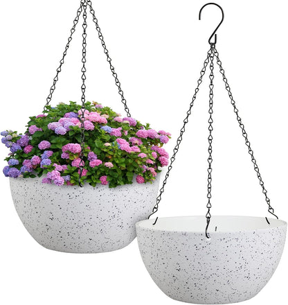 Meowell 10 inch Hanging Planters for Indoor Outdoor Plants, 2 Pack Hanging Flower Pots with Drainage Holes and Chain for Garden Porch, Plastic Hanging Baskets for House Plants, Speckled Grey