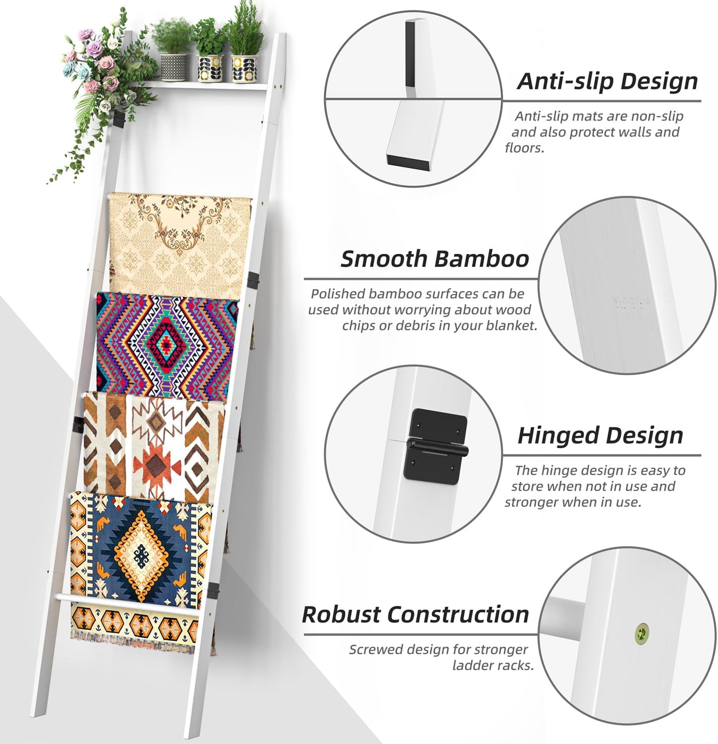 BAMBANG 6-Tier Blanket Ladder for Living Room, Blanket Quilt Ladder Rack Rustic Decorative Towel Holder, Wall Leaning Blanket Ladder Shelf Storage Farmhouse Decor for Bedroom Bathroom, Black
