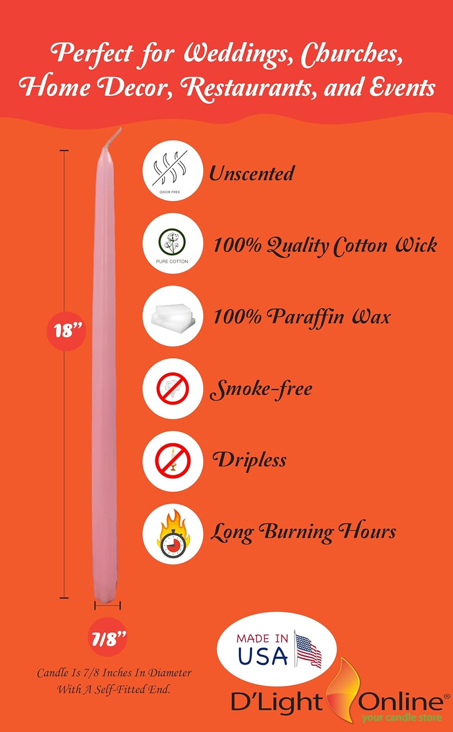 D'light Online White Taper Candles, 10 Inch Premium Quality Candles Hand-Dipped Tapered Candles, Dripless, Smokeless and Unwrapped Bulk Pack for Events - Set of 12 (10 Inch, White)