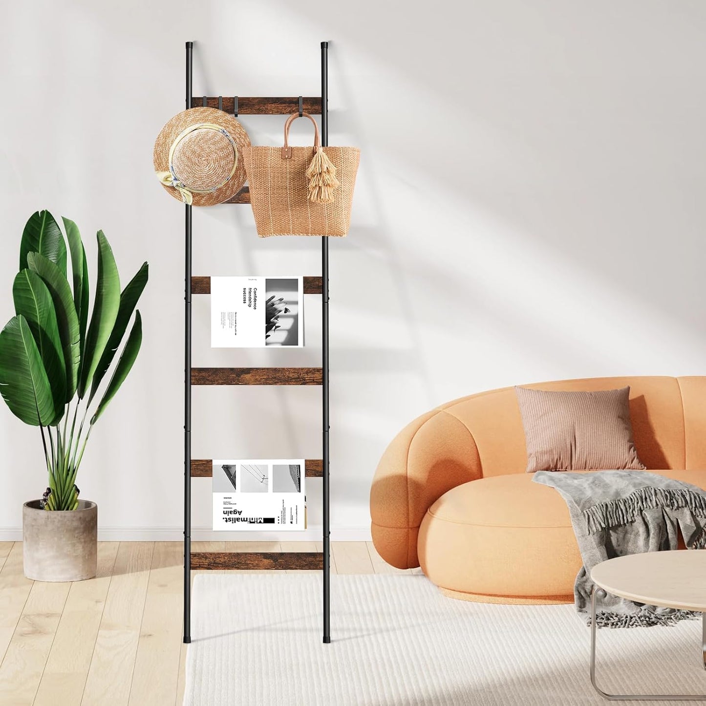 ELYKEN Blanket Ladder for Living Room, Farmhouse 5-Tier Quilt Holder with 4 Removable Hooks for Bathroom, Wood Towel Rack Display, Wall Anchor Leaning Decorative Stand for Home, Rustic Brown