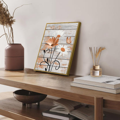 HVEST Farmhouse Floral Wall Art for Living Room, Blue and White Daisy Flower and Butterfly on Rustic Wood Board Canvas Wall Art Framed Artwork Ready to Hang for Bathroom Bedroom Decor, 16L X 12W