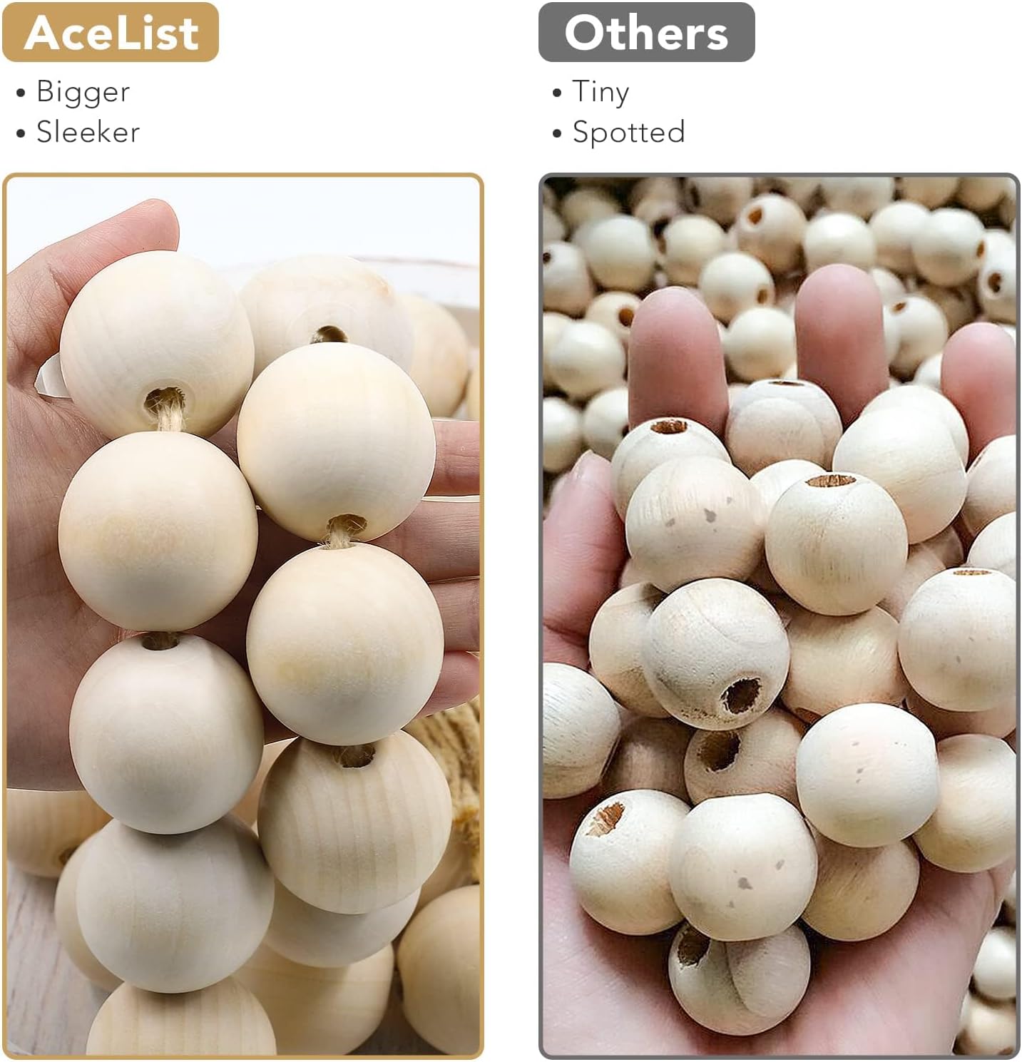 AceList 72" Large Wood Bead Garland with Tassels - Chunky Boho Farmhouse Decor for Coffee Table, Mantel & Entertainment Center - Natural Prayer Beads & Coastal Tray Styling (1.5 Inch Big Beads)