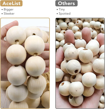 AceList 72" Large Wood Bead Garland with Tassels - Chunky Boho Farmhouse Decor for Coffee Table, Mantel & Entertainment Center - Natural Prayer Beads & Coastal Tray Styling (1.5 Inch Big Beads)