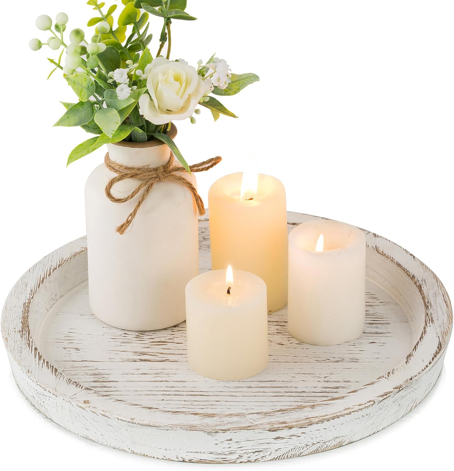 Hanobe Candle Plate Holder Tray: Round Wood Decorative Candle Plate - Rustic Farmhouse CoffeeTable Decor - Tealight Pillar Trays for Home Decor (Distressed)
