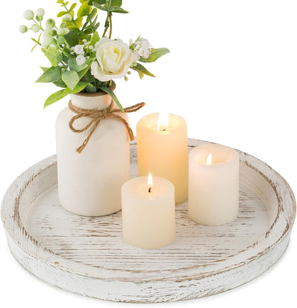 Hanobe Candle Plate Holder Tray: Round Wood Decorative Candle Plate - Rustic Farmhouse CoffeeTable Decor - Tealight Pillar Trays for Home Decor (Distressed)