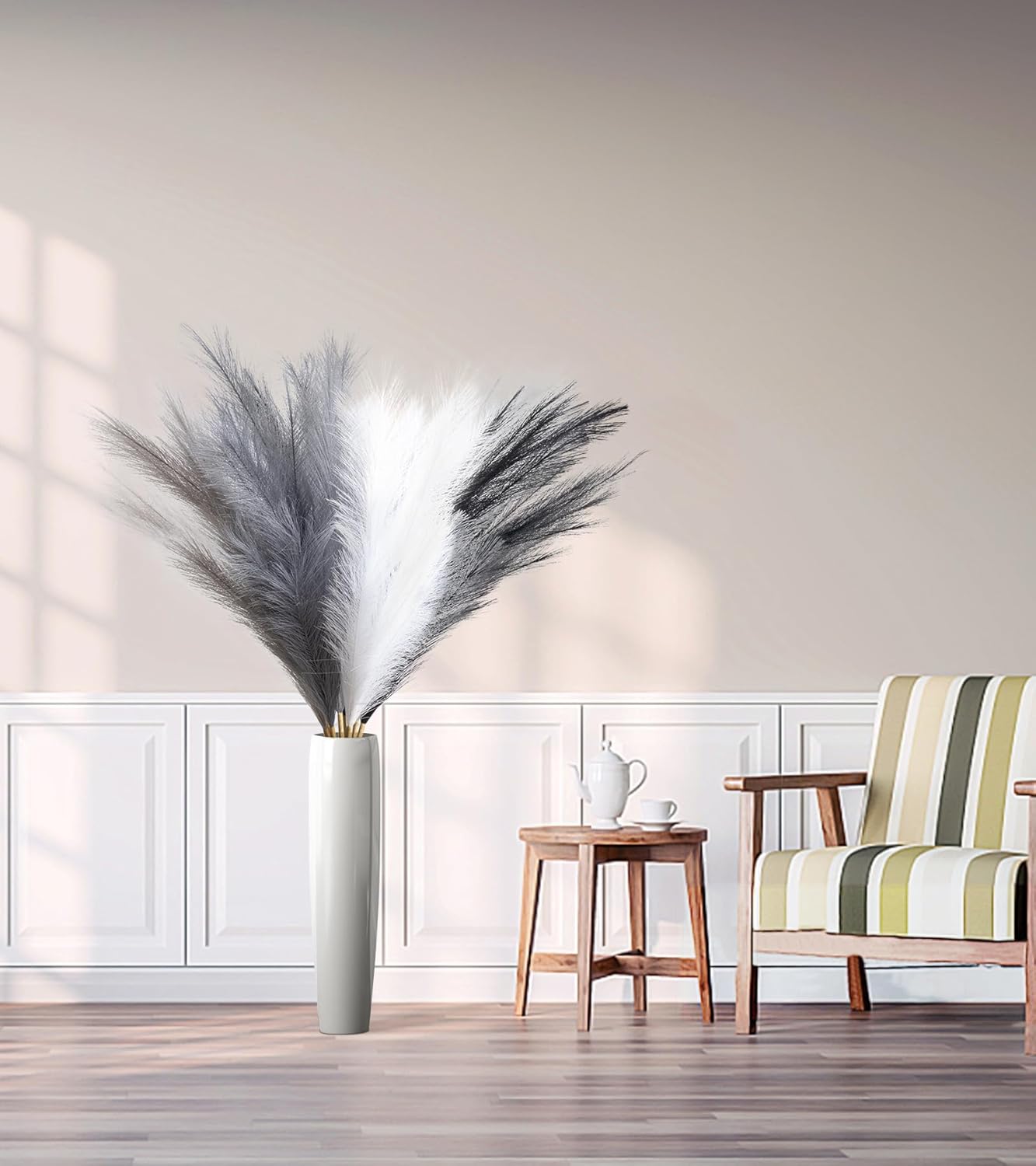 SeptCat 9 Pcs 45" Faux Dried Pampas Grass Tall Decor, Fluffy Fake Long Pompas Artificial Black Grey Gray Pompous Stems Bouquet Flower Arrangement Vase Filler for Boho Home Wedding Decoration