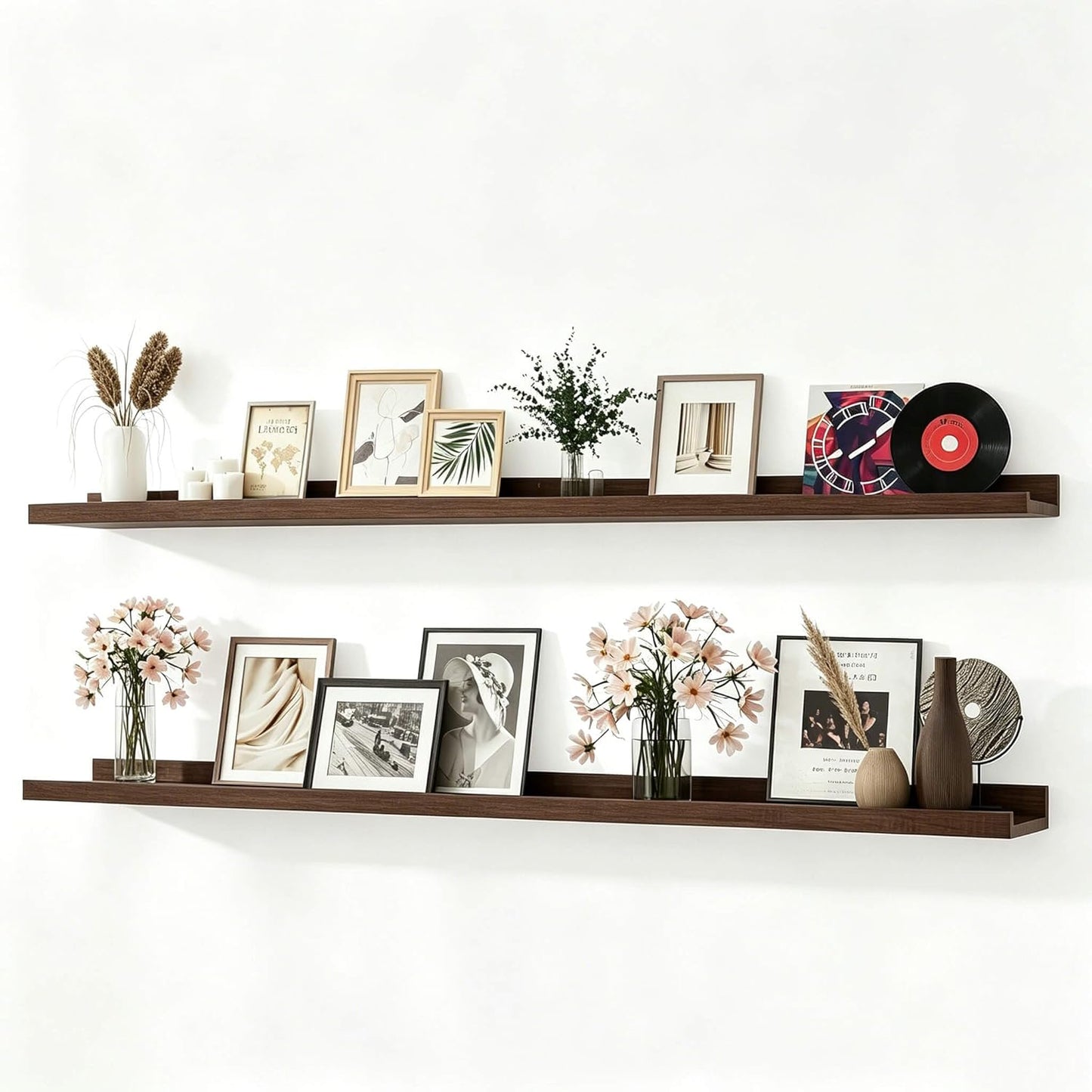 White Floating Shelves for Wall Decor, Wall Mounted Wood Storage Shelf for Bedroom, Living Room, Bathroom, Kitchen, Nursery, Display Picture Ledge Shelf with Lip Set of 2-14 Inches, White