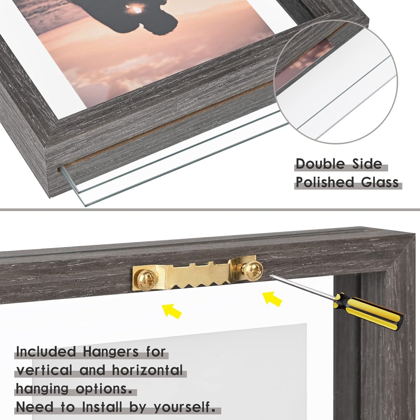MUYE 11x14 Floating Frame Set of 2,Double Glass Rustic Frame,Display Any Size Photo up to 11x14,Wall Mount or Tabletop Standing,Natural