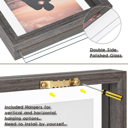 MUYE 11x14 Floating Frame Set of 2,Double Glass Rustic Frame,Display Any Size Photo up to 11x14,Wall Mount or Tabletop Standing,Natural