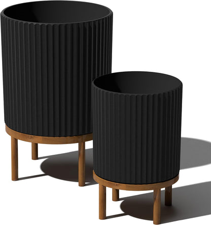 Veradek Demi Series Round Planter w/ Stand for Porch/Patio | Durable Plastic-Concrete & Wooden Stand | Modern Décor for Tall Plants, Flowers