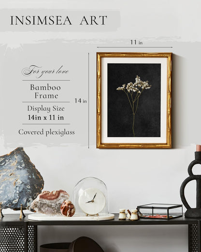 InSimSea Gold Bamboo Framed Canvas Wall Art, Retro Blue Hydrangea Botanical Prints, Antique Flowers Picture Frame with Mat, Victorian Home Wall Decor for Kitchen Living Room Bedroom, 11x14inch
