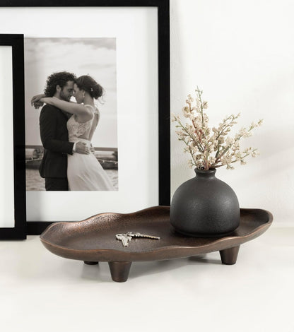 Kate and Laurel Alessia Modern Decorative Scalloped Oval Footed Metal Tray; 14 x 8; Bronze; Transitional Food-Safe Cast Aluminum Pedestal Tray with Rough Texture and Deckled Edge