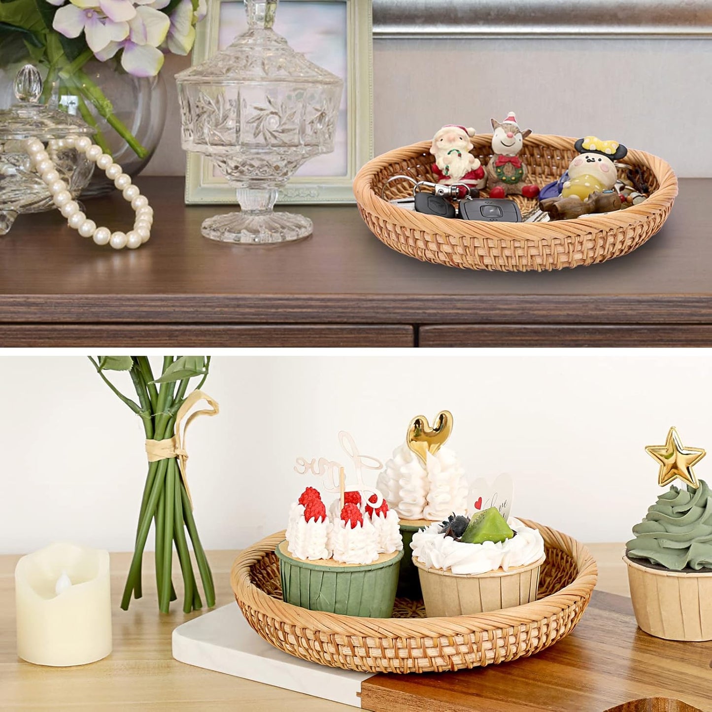 Hipiwe Small Key Basket Bowl for Entryway 7.6" Round Woven Wicker Basket Fruit Serving Tray Woven Basket Wall Decor Rattan Organizer Basket for Keys, Wallet,Whitewash