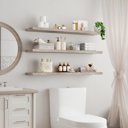 RALGEND Floating Shelves for Wall, 1.5" Thick Wall Shelf Set of 3 with Invisible Brackets, L31.5 x W7.9 Hanging Shelves Farmhouse Home Decor for Bathroom, Living Room, Bedroom, Rustic Brown 8301BJP3BF