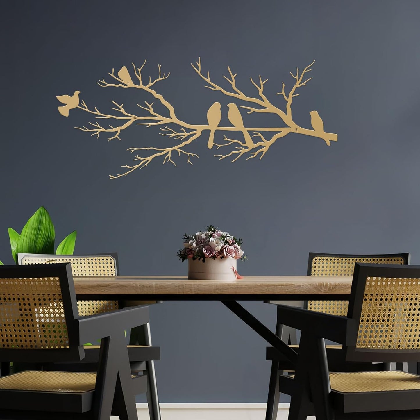 Metal Birds Wall Art, Metal Vivid Birds on Branch Silhouette Wall Decor Black Leaves with Bird Outdoor Hanging Wall Sculpture for Home Balcony Garden(Large)