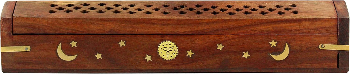 Sheesham Wood Incense Burner - Handmade Coffin Style Sun and Moon Inlay Incense Holder - Aromatherapy Room Freshener Cone Incense Stick Burner Ash Catcher - Zen Home Gift - 12x2x2 - COTTON CRAFT