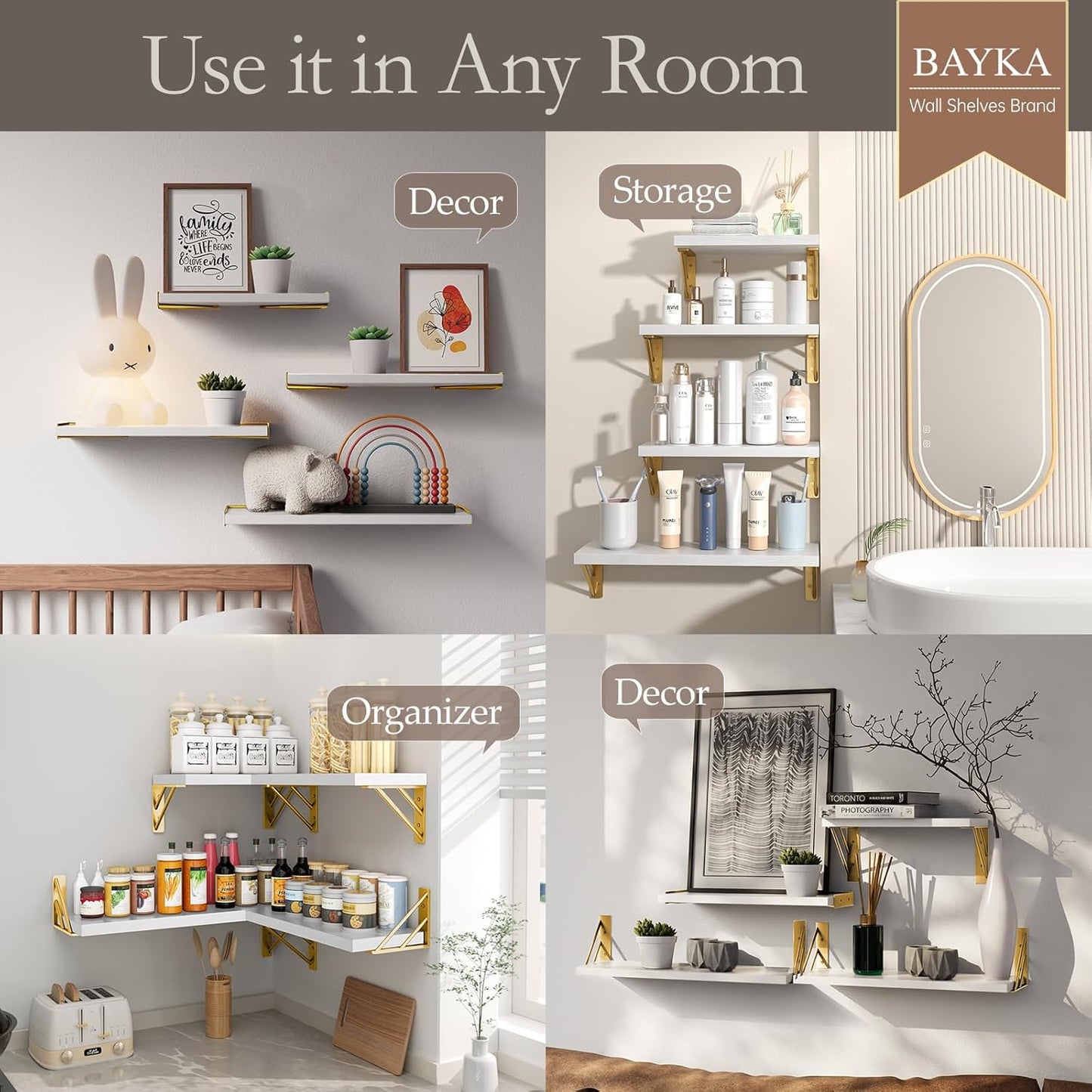BAYKA Wall Mounted Floating Bathroom Shelves, Wood Wall Shelf for Bathroom Essentials & Decor, Space-Saving Display & Organizer (Black, Set of 4)