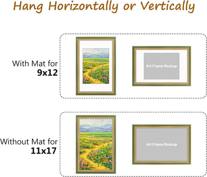 Golden State Art,11x14 Ornate Picture Frame for 8x10 Photo with Mat or 11 x 14 Prints without Mat,Real Glass Wall Display(Color:Green Gold)