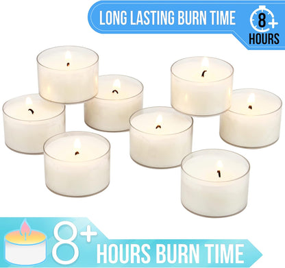 Stonebriar 48 Count White Unscented Smokeless Long Burning Clear Cup Tea Light Candles with 8 Hour Burn Time