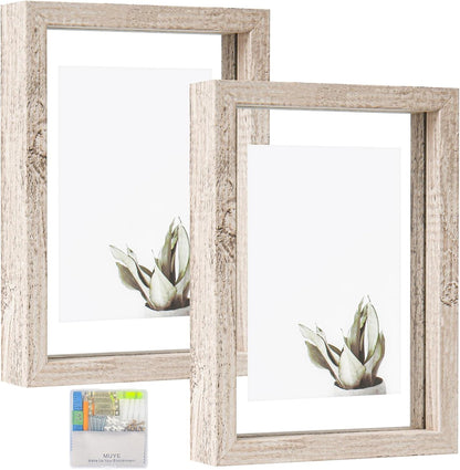 MUYE 11x14 Floating Frame Set of 2,Double Glass Rustic Frame,Display Any Size Photo up to 11x14,Wall Mount or Tabletop Standing,Natural