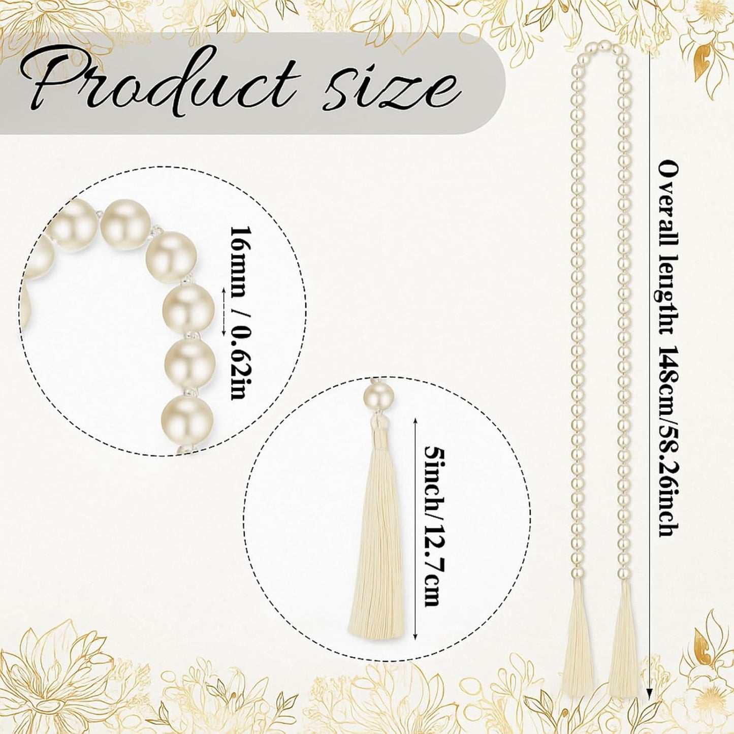 Quelay 58 Inch Pearl Glass Bead Garland 16mm with Tassels Elegant Boho Wedding Table Decor Healing Bead Prayer Fringe Wall Shelf Hanging for Wedding Party Farmhouse Rustic Home Decoration(Beige)