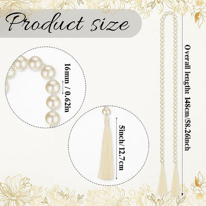 Quelay 58 Inch Pearl Glass Bead Garland 16mm with Tassels Elegant Boho Wedding Table Decor Healing Bead Prayer Fringe Wall Shelf Hanging for Wedding Party Farmhouse Rustic Home Decoration(Beige)
