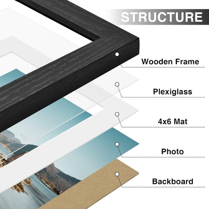 Vittanly 8x10 Picture Frames Set of 9, Shatter Resistant Plexiglass, Display 5x7 Pictures with Mat or 8x10 without Mat, Photo Frames for Wall or Tabletop, Engineered Wood, Black - Colors A