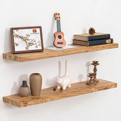 Floating Shelves 36 Inches Long - 8 Inch Deep Rustic Premium Solid Pine Wood for Storage - Farmhouse Wall Mounted for Living Room - Heavy-Duty Metal Bracket - 36" W x 8" D - Set of 2 - White Color