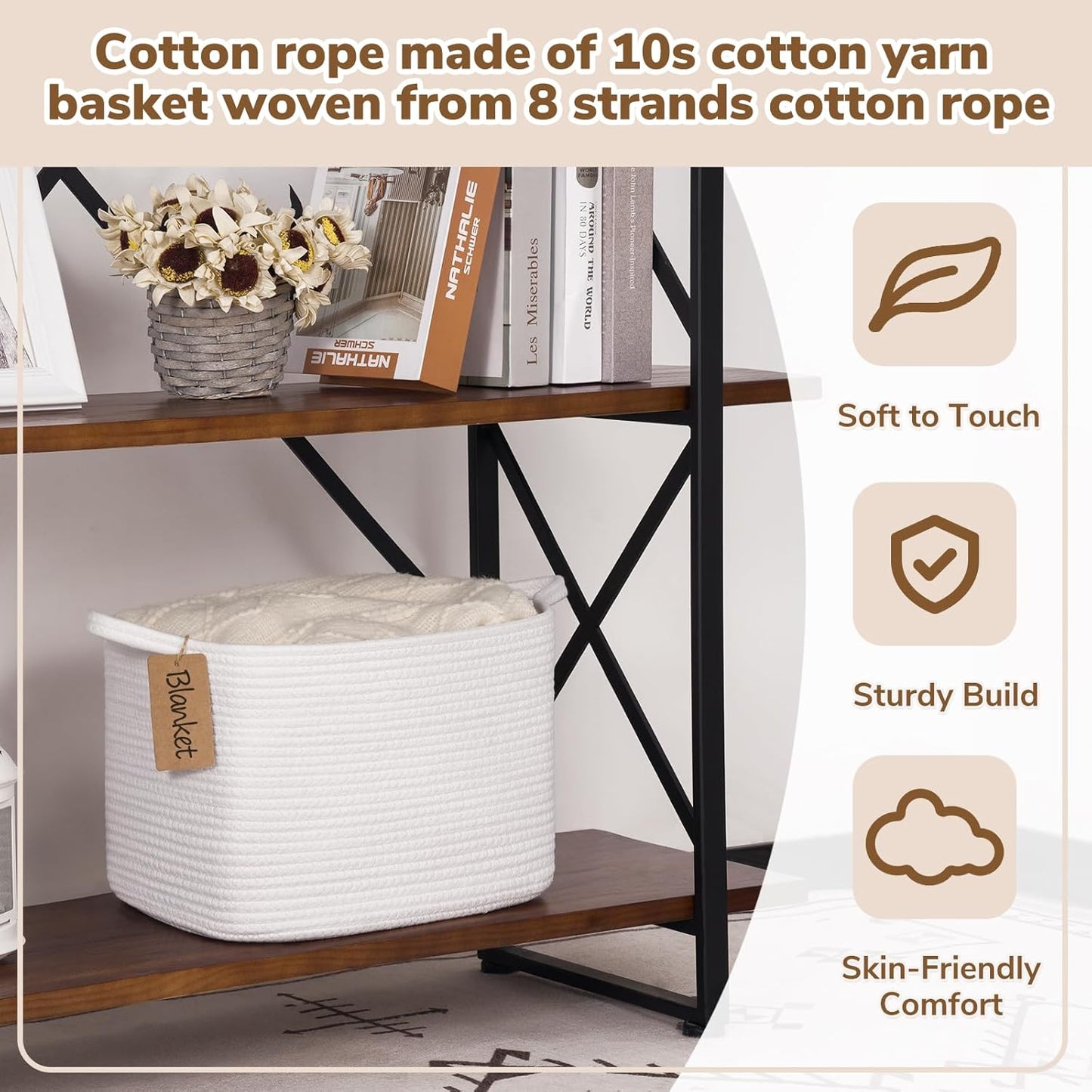 Goodpick Woven Storage Basket, Cotton Rope Basket for Dog Toys, Books, Stylish Gift Basket with Handles, 13 x 10 x 9 Inches Square Baskets for Organizing, Brown and White
