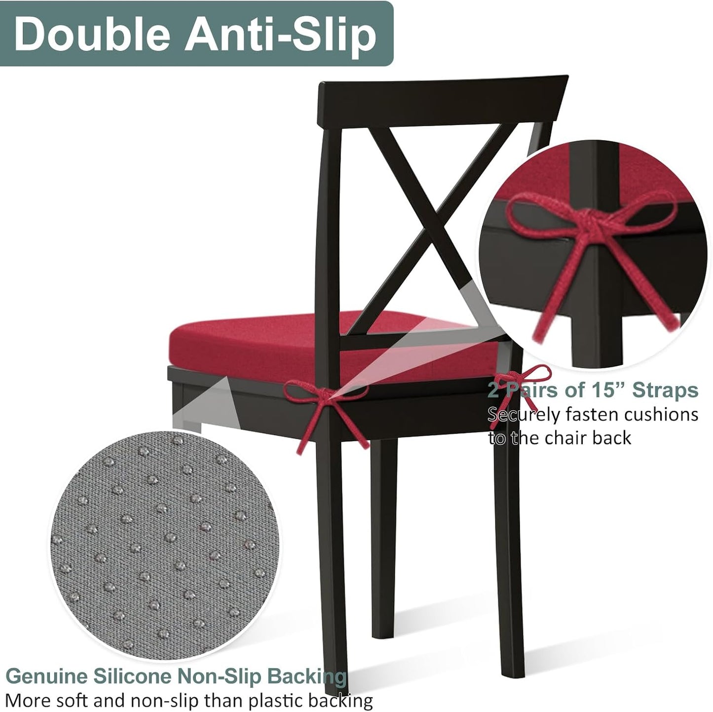 Shinnwa Dining Chair Pads, Patented Design Memory Foam Kitchen Chair Cushions with Ties and Washable Cover, 17" x 16" x 2", Black