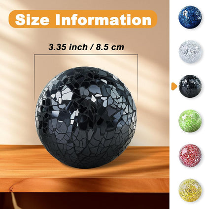 3 Pack Blue Decorative Orbs Mosaic Crack Glass Balls Decor Solid Sphere Globe Bowl Vase Fillers Holiday Living Room Mantle Basket Centerpiece 3.35 Inch