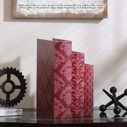 Hosley Farmhouse Memory Book Boxes Set of 3, Red Brown & Gold, Decorative Nesting Storage Boxes 12 10 8 Inch, Faux Leather Keepsake Photo Jewelry Box for Wedding Gift