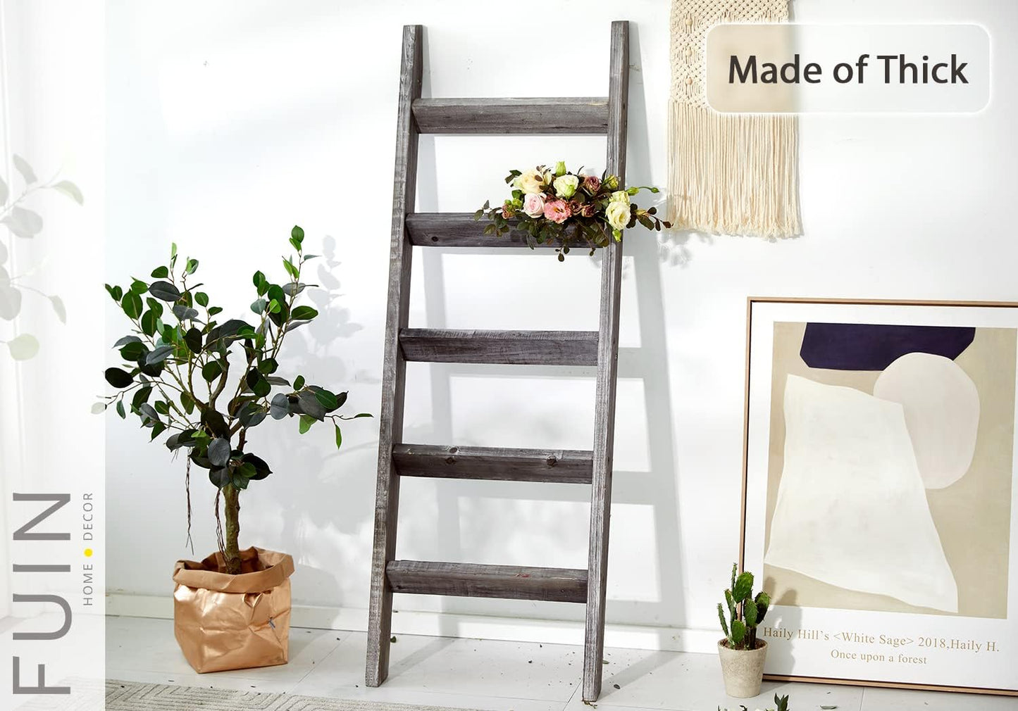 FUIN 5ft (58") Wood Blanket Ladder Living Room Decorative Wall Leaning Farmhouse Quilt Display Holder Storage Rustic Wooden Towel Rack for Bathroom, Brown