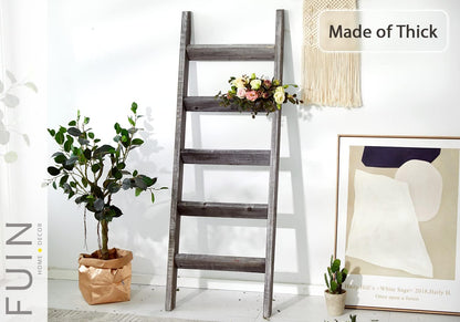 FUIN 5ft (58") Wood Blanket Ladder Living Room Decorative Wall Leaning Farmhouse Quilt Display Holder Storage Rustic Wooden Towel Rack for Bathroom, Brown