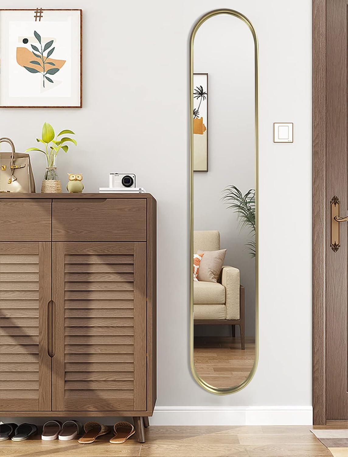OUSHUAI Gold Tall Mirror,Narrow Capsule Long Mirrors with Metal Frame for Entryway,Hallway,Living Room 44"X8" (3pcs)