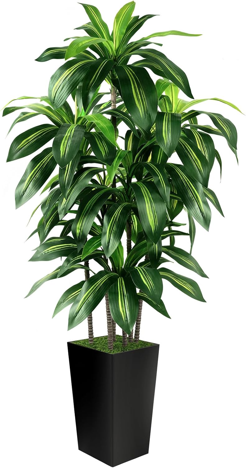 Artificial Dracaena Tree Indoor, 5FT Tall Fake Tree with White Tall Planter, Artificial Tree Fake Yucca Potted Tree for Home Office Living Room Decor, Tall Artificial Plant for Housewarming
