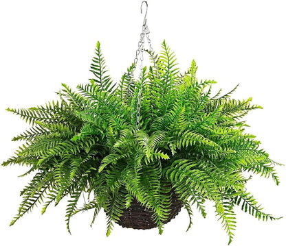 Outdoor Fake Hanging Fern – Artificial Hanging Ferns 2 Pack, Large Faux Boston Fern Bushes, UV Resistant Outdoor Hanging Plants for Front Porch, Patio & Indoor Decor