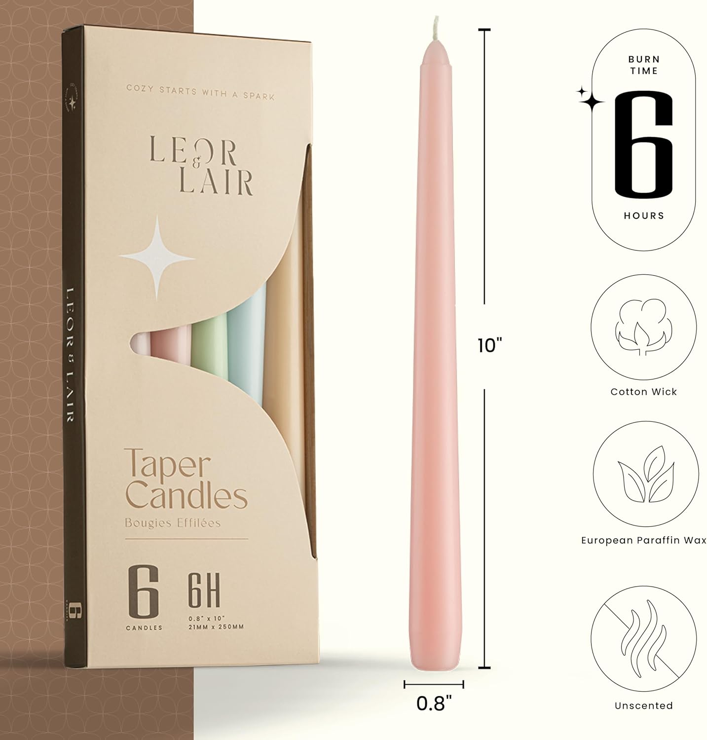 Leor & Lair Pastel Taper Candles 6 Pack - 10" Decorative Tall Candle Sticks with 6 Hour Burn Time - Pastel Candlesticks for Easter Decorations, Wedding & Party Table Decor