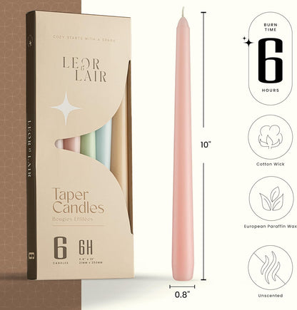 Leor & Lair Pastel Taper Candles 6 Pack - 10" Decorative Tall Candle Sticks with 6 Hour Burn Time - Pastel Candlesticks for Easter Decorations, Wedding & Party Table Decor