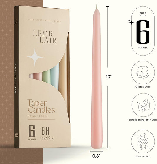 Leor & Lair Pastel Taper Candles 6 Pack - 10" Decorative Tall Candle Sticks with 6 Hour Burn Time - Pastel Candlesticks for Easter Decorations, Wedding & Party Table Decor