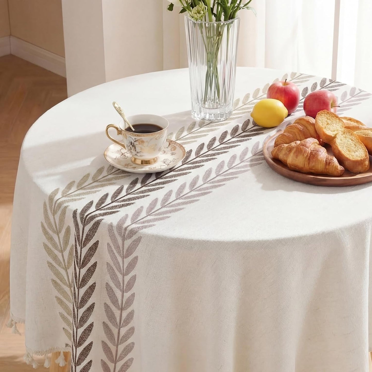 Softalker Outdoor Tablecloth Rectangle, Waterproof Linen Cotton Farmhouse Table Cloths with Tassel, Heavy Weight Wrinkle Free Boho Table Cover for Picnic Camping Dining - 55 x 70 Inch, Coffee Lines