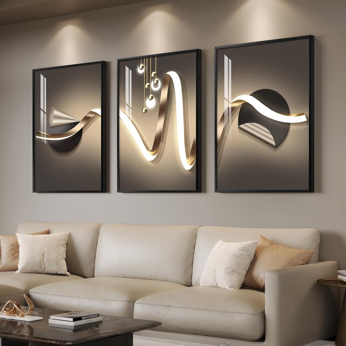 Framed Modern Luxury Gold Wall Art, Set of 3 Piece Contemporary Paintings Artwork for Walls, Golden Prints Pictures with Gold Frame, Wall Decor for Living Room, Hallway, Bedroom, Office 16x24 Inch