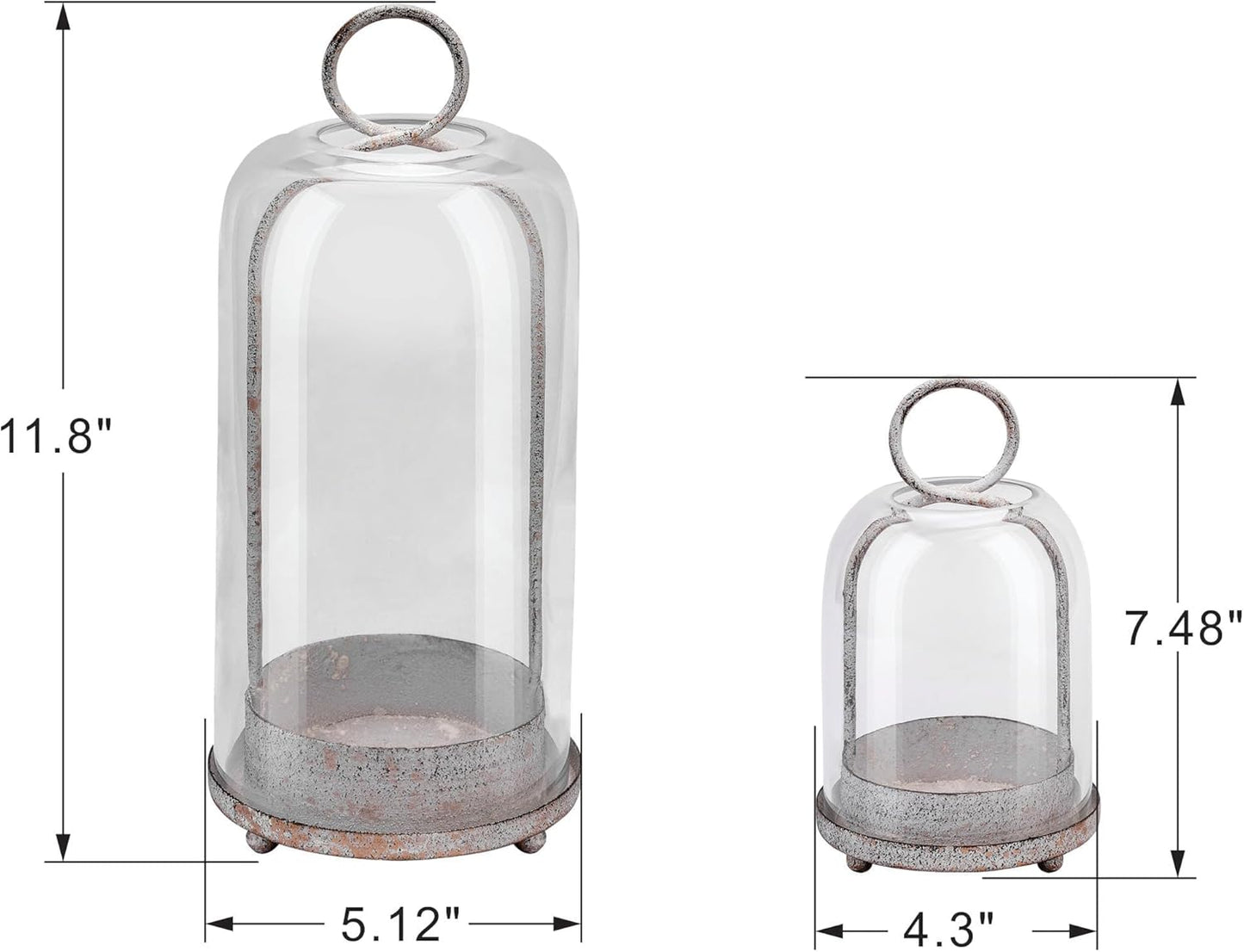 5" & 4" Wide Versatile Metal Candle Holder with Handmade Sturdy Glass Dome in Brass for Pillar Candle & Plants, 5.1" xH11.8 4" xH7.5, Industrial, Farmhouse, Shabby Chic. (2, Brass, Large & Small)