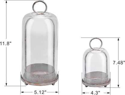 5" & 4" Wide Versatile Metal Candle Holder with Handmade Sturdy Glass Dome in Brass for Pillar Candle & Plants, 5.1" xH11.8 4" xH7.5, Industrial, Farmhouse, Shabby Chic. (2, Brass, Large & Small)