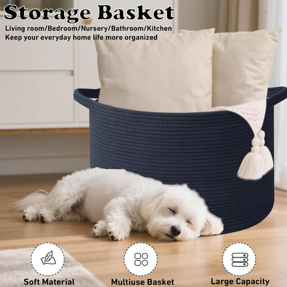 Large Woven Blanket Basket,65L Cotton Rope Laundry Basket Hamper with Handles, Decorative Nursery Basket Storage Bin for Toys, Clothes Organizer, Living Room, Bedroom, Bathroom, White & Brown